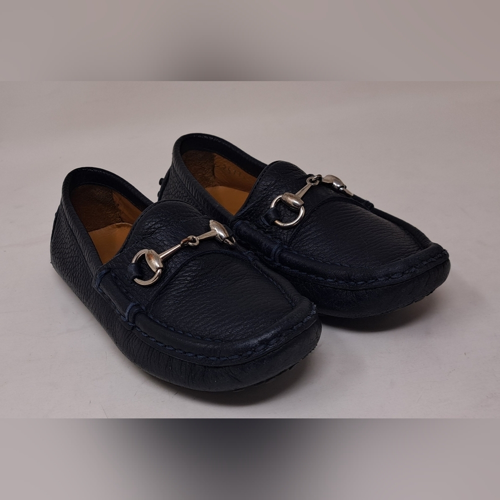 Gucci Kids Boys Horsebit Leather Loafers Slip Ons Navy Silver 12 US / 29 EU